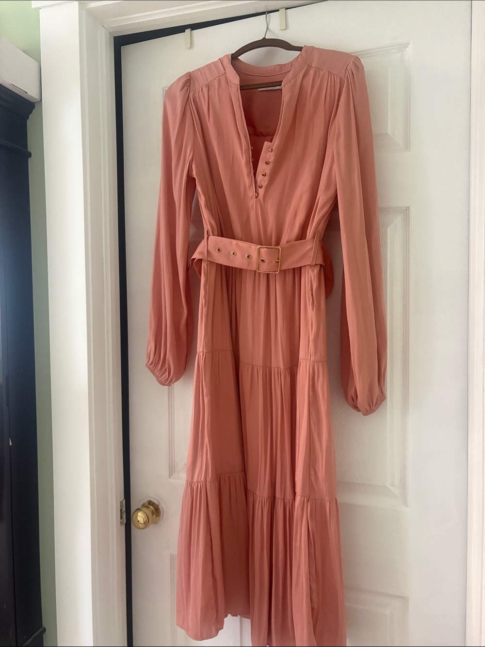 Suzy Shier Peach Coral Tiered Maxi Dress with Belt